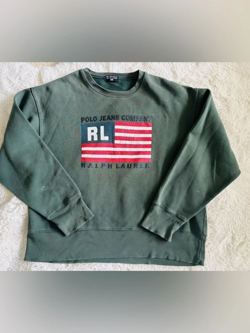 Polo Jeans Company Ralph Lauren Forest Green Crew Neck Flag Sweat Shirt: Large